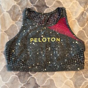 Peloton Black Speckled High-Neck Sports Bra with Pink Accent and Yellow Logo